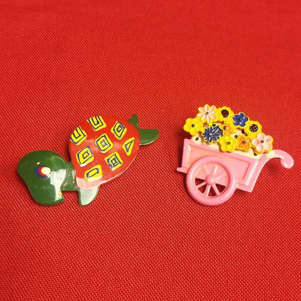 Vintage Turtle Flower Wheelbarrow Cart Pin Brooch